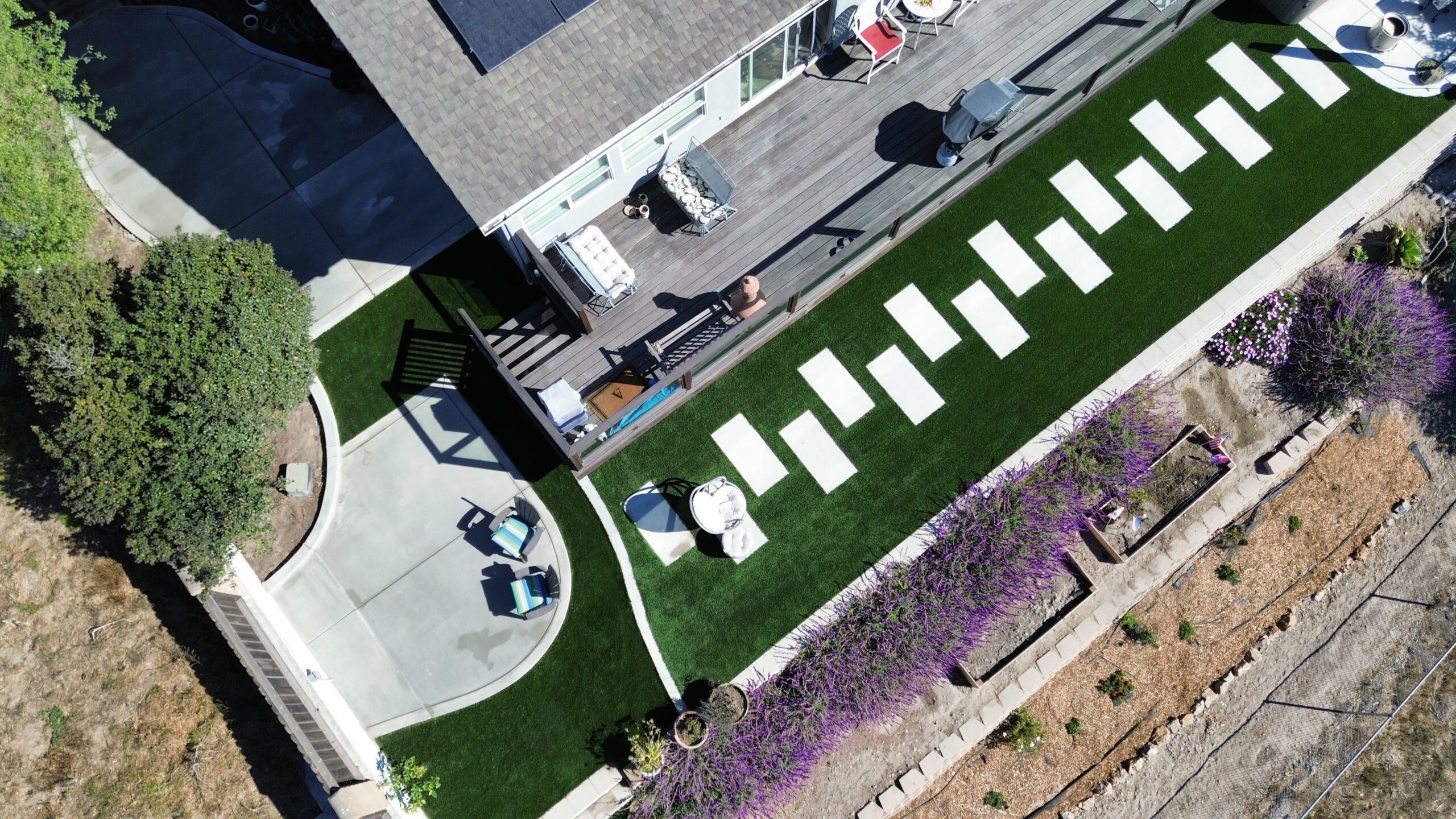 Aerial backyard turf and stepping stones